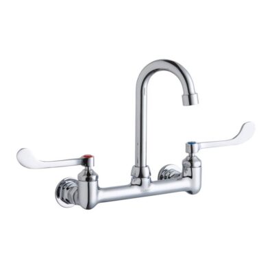 Elkay Scrub/Handwash 8'' Centerset Wall Mount Faucet w/4'' Gooseneck Spout 6'' Wristblade Handles 1/2'' Offset Inlet