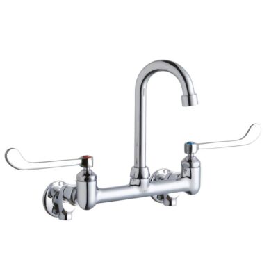 Elkay Scrub/Handwash 8'' Centerset Wall Mount Faucet w/4'' Gooseneck Spout 6'' Wristblade Handle 1/2'' Offset Inlets+Stop