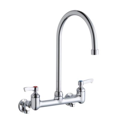 Elkay Scrub/Handwash 8'' Centerset Wall Mount Faucet with 8'' Gooseneck Spout 2'' Lever Handles 1/2'' Offset Inlets+Stop