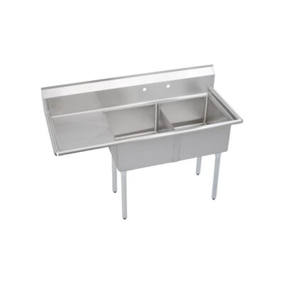 Elkay 2 Compartment Sink, 57X27 OA, 18X18 Bowl, 14 Deep, Left 18'' DB, SS Legs, 18 GA 300 Series SS, NSF