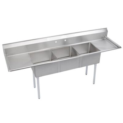 Elkay Dependabilt SS 90'' x 23-13/16'' x 43-3/4'' 18 Gauge Three Compartment 11'' Deep Sink w/ 18'' L&R Drainboards + SS Legs