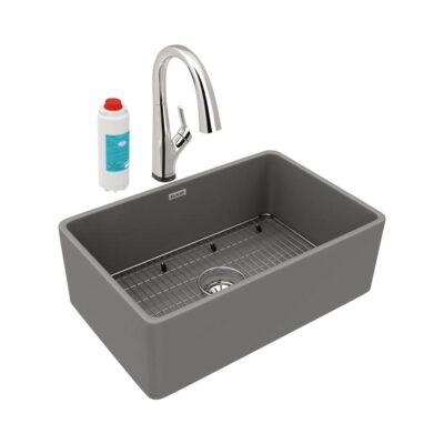 Elkay Fireclay 29-7/8'' x 19-3/4'' x 10-1/16'', Single Bowl Farmhouse Sink Kit with Filtered Faucet, Matte Gray
