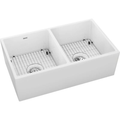 Elkay Fireclay 33'' x 19-15/16'' x 10-1/8'', Equal Double Bowl Farmhouse Sink Kit, White
