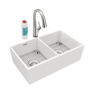 Elkay Fireclay 33'' x 19-15/16'' x 10-1/8'', Equal Double Bowl Farmhouse Sink Kit with Filtered Faucet, White