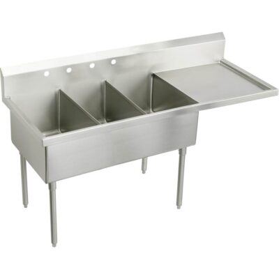 Elkay Stainless Steel 85 ½” x 27 ½” x 14” Floor Mount Triple Compartment Scullery W/ Drainboard