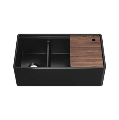 Home Refinements by Julien Fira sink w/ledge under. apron, double unequal 36X19X11-1/2, Matte black