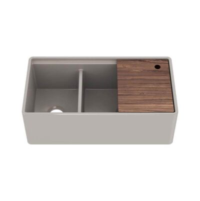 Home Refinements by Julien Fira sink w/ledge under. apron, double unequal 36X19X11-1/2, Matte Taupe
