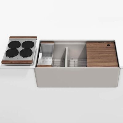 Home Refinements by Julien Fira und. flat apronfront set, Double unequal bowl, Walnut acc. 36X19X11-1/2, Matte Taupe