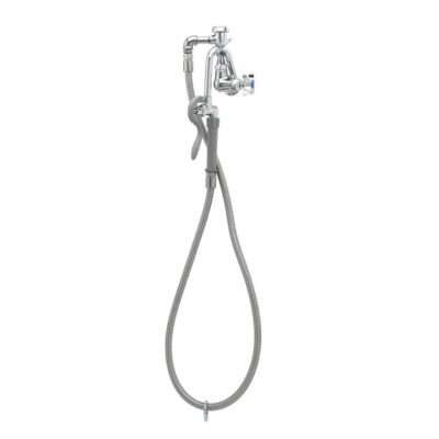 T&S Brass Pot Filler, Wall Mount, Vacuum Breaker, Stainless Steel Hose, Self-Closing Hook Nozzle