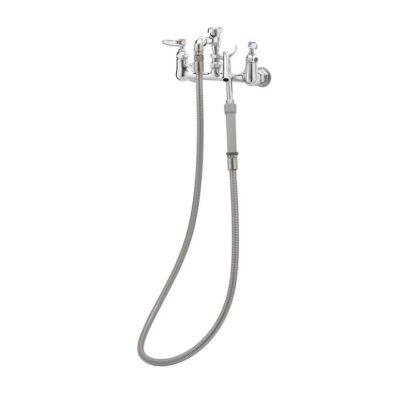 T&S Brass Pot Filler, Wall Mount, 8'' Centers, Vacuum Breaker, 68'' Hose w/ Hook Nozzle (No Squeeze Valve)