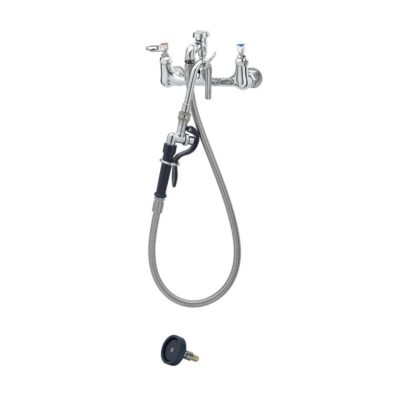T&S Brass Pot & Kettle Filler, 8'' Wall Mount, Vacuum Breaker, 44'' Hose w/ Quick-Connect Nozzles Spring-Check Eterna Cartridges